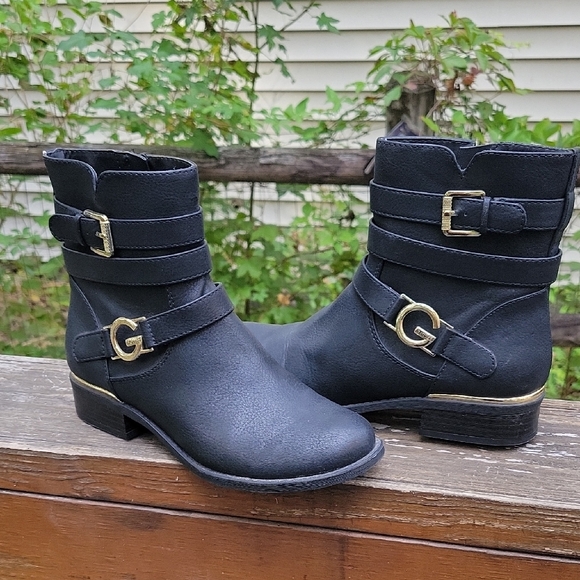 Guess Black Ankle Boots with Gold Buckles - Picture 1 of 6